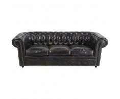 Divano letto imbottito 3 posti moka in pelle Chesterfield