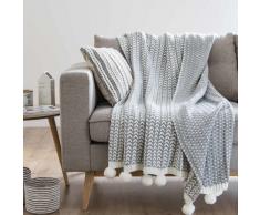 Plaid a pompon lavorato a maglia grigio e bianco, 125x150 cm