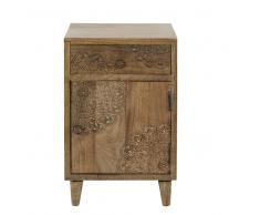 Comodino a 1 anta e 1 cassetto in legno massello di mango scolpito Anja