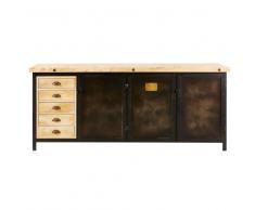Credenza a 3 ante e 5 cassetti in metallo nero e legno massello di mango Colombus