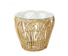 Tavolino da salotto in vetro e gambe intrecciate in simil rattan