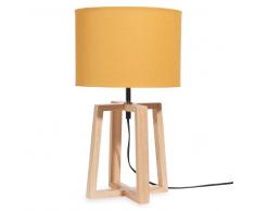 Lampada in legno di hevea con paralume giallo senape
