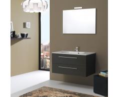 Mobiletto Bagno Boston 90 Cm In Legno Rovere Scuro Con Cassetti, Specchio E Lampada
