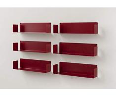 TEEbooks Muro-Set di 6 mensole, Acciaio, Rosso, 60 x 15 x 15 cm