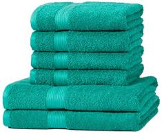 AmazonBasics - Set di 2 asciugamani da bagno e 4 asciugamani per le mani che non sbiadiscono, colore Verde Turchese