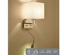 STAFFA LUCE AUROLITE BIANCO 1 LUCE DA PARETE CON LUCE FLESSIBILE DA LETTURA A LED, 2 INTERRUTTORI A BANDIERA, IDEALE PER SOGGIORNO, CAMERA, CORRIDOIO (Quadrata con luce di lettura)