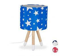 relaxdays Lampada da Tavolo per Bambini,con Stelle,Attacco E14,Gambe in Legno,Paralume in Stoffa,HxD 39,5x25,Blu/Bianco