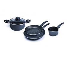 ALLUFLON Tradizione Italia Batteria 5 Pezzi, Padelle 24-28 cm, Casseruola 1 Manico 14 cm, Casseruola 2 Manici 20 cm e Coperchio 20 cm, Alluminio