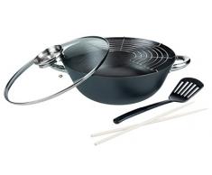 GSW 860956 Set Wok pentola in ghisa Professionale Multifunzione/con Coperchio in Vetro 5 Pezzi/6,2 L, Nero, 32 cm, 5 unitÃ 