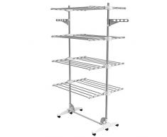 Todeco - Stendino Per Biancheria, Stendibiancheria - Materiale: Tubi in acciaio inossidabile - Carico massimo: 3 kg per ciascun barra di sostegno - 4 ripiani, Bianco, con ali