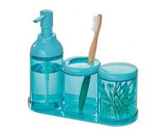 iDesign Beauty organizer per il bagno, Set da 4 pezzi porta cosmetici in plastica robusta, Dispenser sapone liquido, porta spazzolino, contenitore con coperchio, vassoio, blu