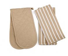 Penguin Home - Set 3 Pezzi: Guanto da Forno & Strofinacci - 100% Cotone, Design Elegante - Morbidi, Durevoli Ed Assorbenti - Lavabili a Mano - Beige