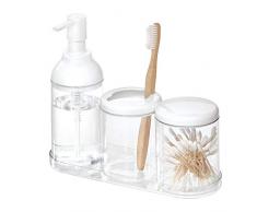 iDesign Beauty organizer per il bagno, Set 4 pezzi porta cosmetici in plastica, Dispenser sapone liquido, porta spazzolino, contenitore con coperchio, vassoio, bianco e trasparente