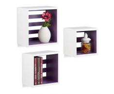 Relaxdays 10021798_749 Set 3 Mensole da Parete Cube, Forma Quadrata, Cubo, Legno MDF, Bianco-Viola