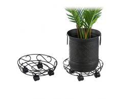 Relaxdays Carrello Portavasi, Set da 2, Rotondo, Interni e Esterni, con Freni, Sottovaso per Vasi à 28 cm, Metallo, Nero