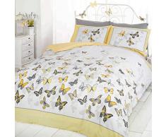 Just Contempo - Copripiumino Matrimoniale double-face misto cotone, set di biancheria da letto per bambine, con motivo a pois e secondo motivo a farfalle, Cotone, giallo (grigio bianco), Copripiumino Matrimoniale king size (Kingsize)