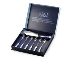 Blue Italian, Palette per Dolci in Porcellana e Acciaio Inox da 25 e 15 cm, Colore Blu/Bianco, con Un Set di 6 forchettine per Dolci