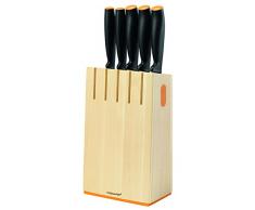 FISKARS Functional Form Ceppo in Legno con 5 Coltelli, Acciaio Inossidabile, 8.5 x 15.2 x 36 cm