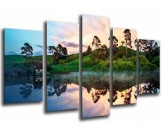 Quadro Su Legno, Paesaggio naturale, casa da lago, foresta di riflessione dellacqua, 165 x 62cm, Stampa in qualita fotografica. Ref. 27100