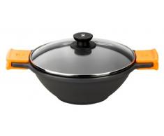 BRA Efficient Wok Antiaderente in Alluminio Pressofuso con Coperchio in Vetro, Adatto per Piani Cottura a Induzione, Arancio, 32 cm