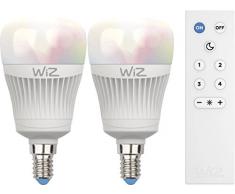 WiZ Colors lampadine LED Smart tipo A WiFi luce bianca e colorata. Dimmerabile, 64.000 tonalitÃ di bianco, 16 milioni di colori. Funziona con Amazon Alexa e Google Home. 2-Pack + WiZmote telecomando