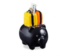 Relaxdays Salvadanaio a Forma di Maialino Viaggiatore, con 2 Valigie, Cassetta Porta Risparmi, Ceramica, Nero, HxLxP: 11 x 7 x 10 cm