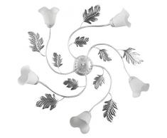 ONLI - Lampadario / plafoniera 5 luci Marilena in metallo bianco spennellato argento. Paralumi in vetro bianco. Prodotto lavorato a mano in Italia. Ã 70cm