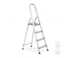 Relaxdays, Argento Scala in Alluminio, 4 Gradini, Pieghevole & Salvaspazio, Antiscivolo, 150 kg, Piedini di Gomma, plastica, 142 x 43 x 71 cm