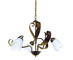 ONLI Forgiata - Lampadario 3 Luci, Vetro opaco color Bianco, Metallo Marrone spennelato Oro, Stile Rustico