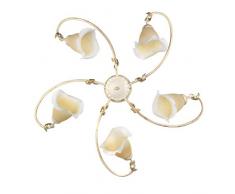 ONLI Plafoniera 5 luci in Metallo Avorio spennellato Oro con vetri PlissÃ© sfumati Ambra