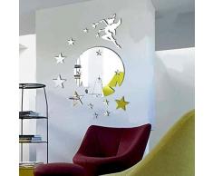 WALPLUS - Specchio Tondo Adesivo da Parete, Motivo: Campanellino e Stelle, Colore Argento
