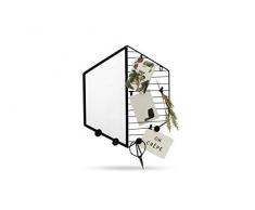 LIFA LIVING Specchio da Parete Esagonale, Specchio Moderno con Cornice in Metallo Nero, Specchi Esagonali con Griglia Porta Note, per Bagno, Cucina, Soggiorno, Camera, 41,5x47,5x2cm