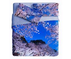 Ipersan Sakura Parure Copripiumino Fotografico Piazzato Fine Art, Cotone Organico, Blu-Rosa, matrimoniale