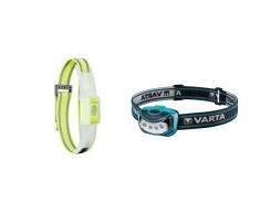 Varta Sport Band 16620101401 Banda Catarifrangente con Illuminazione Fissa o Intermittenza, Giallo/Argento, Taglia Unica + 16630101421 Lampada Frontale da Testa, Nero/Turchese