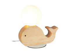 Relaxdays Lampada da Comodino per Bambini, G9 7W Balena Decorativa in Legno Sfera Luminosa LED 20x20x10, Bianco-Naturale