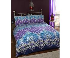 Asha Saphire Indiano Design Set Copripiumino e 2 Federa Set di Biancheria da Letto, Colore: Blu/Viola