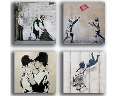 Quadri Moderni stile BANKSY murales street art 4 pezzi 40x40 cm Stampa su Tela Canvas Arredamento Arte Astratto XXL Arredo soggiorno salotto camera da letto cucina ufficio bar ristorante