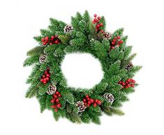 SHATCHI - Ghirlanda Artificiale per Albero di Natale, con Bacche e pigne satinate, 55 cm, Colore: Verde