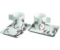 Deagourmet 157, Origini Stesura Set 2 Tazzine e 2 Piattino, Porcellana Bianca Decorata a Mano