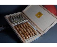 Laguiole Claude Dozorme 2.60.005.89 - Forchette per bistecca con manico in ulivo, confezione da 6 pezzi
