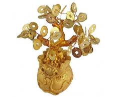 GMMH Feng Shui Albero dei Soldi Fortunato Bonsai Oro 17 Centimetri Albero di Centesimo a Mano di Pietra