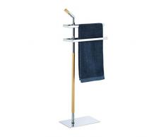 Relaxdays Porta Asciugamani, 2 Bracci, con Manico, da Terra, Acciaio & Legno, HLP: 103x38x21 cm, Argento/Legno Naturale