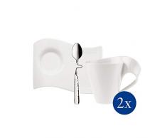 Villeroy & Boch - NewWave Servizio per cappuccino 6 pz, tazzina, piattino in porcellana Premium, cucchiaio in acciaio inox, per 2 persone, lavabile in lavastoviglie