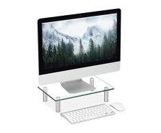 Relaxdays Supporto Monitor, Alzatina per TV, Standing Computer Desk, Rialzo Scrivania, Regolabile, 38,5x24, Trasparente, Vetro, Acciaio Inox, Alluminio, 1pz