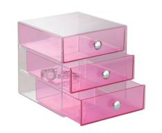 InterDesign Drawers Cassetti Porta Trucchi, Mini Cassettiera Di Qualità Per Make Up, Bijoux Ecc, Cubi Porta Cosmetici Con 3 Cassetti, Plastica Fucsia