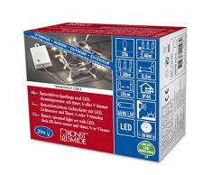 Konstsmide 3722-103 - Catena luminosa LED con interruttore e sensore, timer per 6 e 9 ore, adatta a esterni (IP44), 20 diodi a luce bianca calda, funzionamento a batteria, con cavo trasparente, scatola bianca, 4 pile AA da 1,5 V escluse