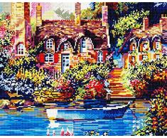 Kit per Ricamo Artigianale, Quadro da Parete con Telaio di Legno, Dimensioni dellimmagine 40 x 50, Ricamo e Pittura Fai da Te, Motivo casalingo con Cesto di Fiori (GJ432)