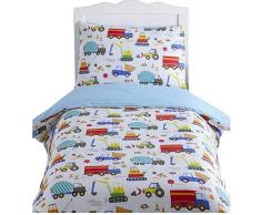 Kidz Club Set con Copripiumino, Federa e Trapunta Double-Face per Lettino dei Bambini, Motivo variegato con Camion, ruspe e betoniere, Colore Bianco