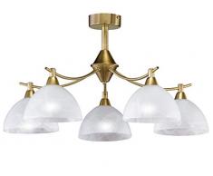 Honsel Leuchten 21535 Amsterdam - Lampada a soffitto in ottone invecchiato e vetro, eco alogena a 5 punti luce E14 28 W, Ã 63 x 35 cm, colore: Bianco alabastro