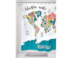 iDesign Tenda doccia design con 12 occhielli e mappa del mondo, Tenda vasca e doccia in plastica PEVA senza BPA, Tenda bagno doccia, multicolore